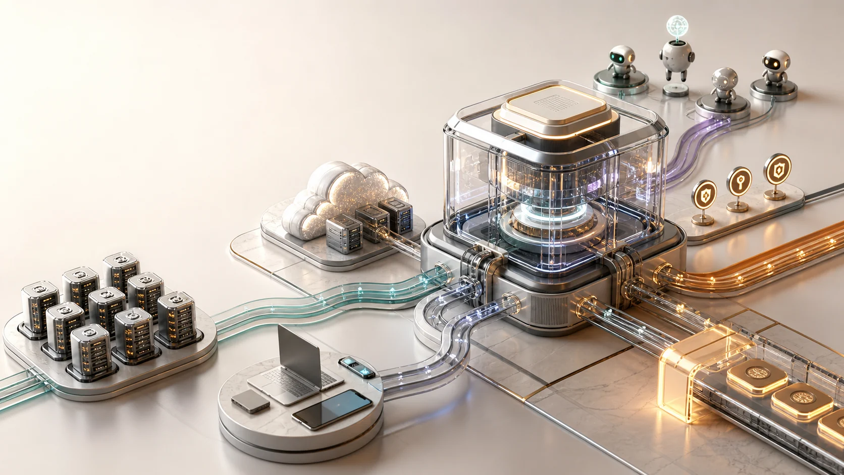 A premium technical illustration of the ALUX runtime connecting nodes, cloud services, devices, agents, capability tokens, and commit rails.